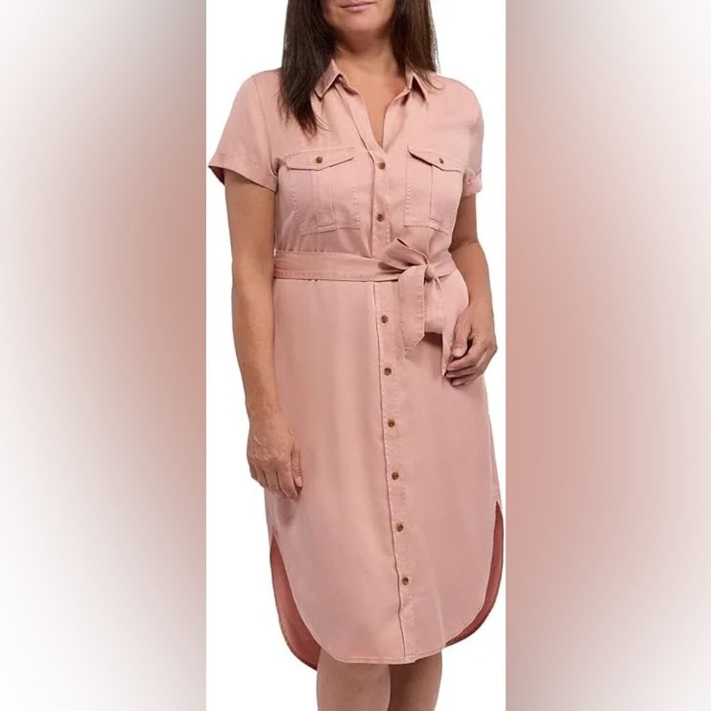 Teddi Rose TENCEL Shirt Dress Blush Pink Belted Button Front Midi L NWOT